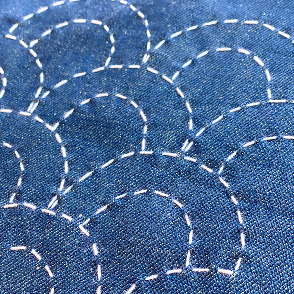 Close-up of blue fabric with white stitching patterns