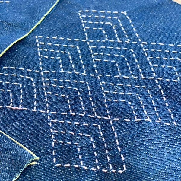 Close-up of blue fabric with white embroidery patterns
