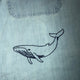 Close-up of a light blue denim fabric with a stitched whale outline and a partial pocket at the top.